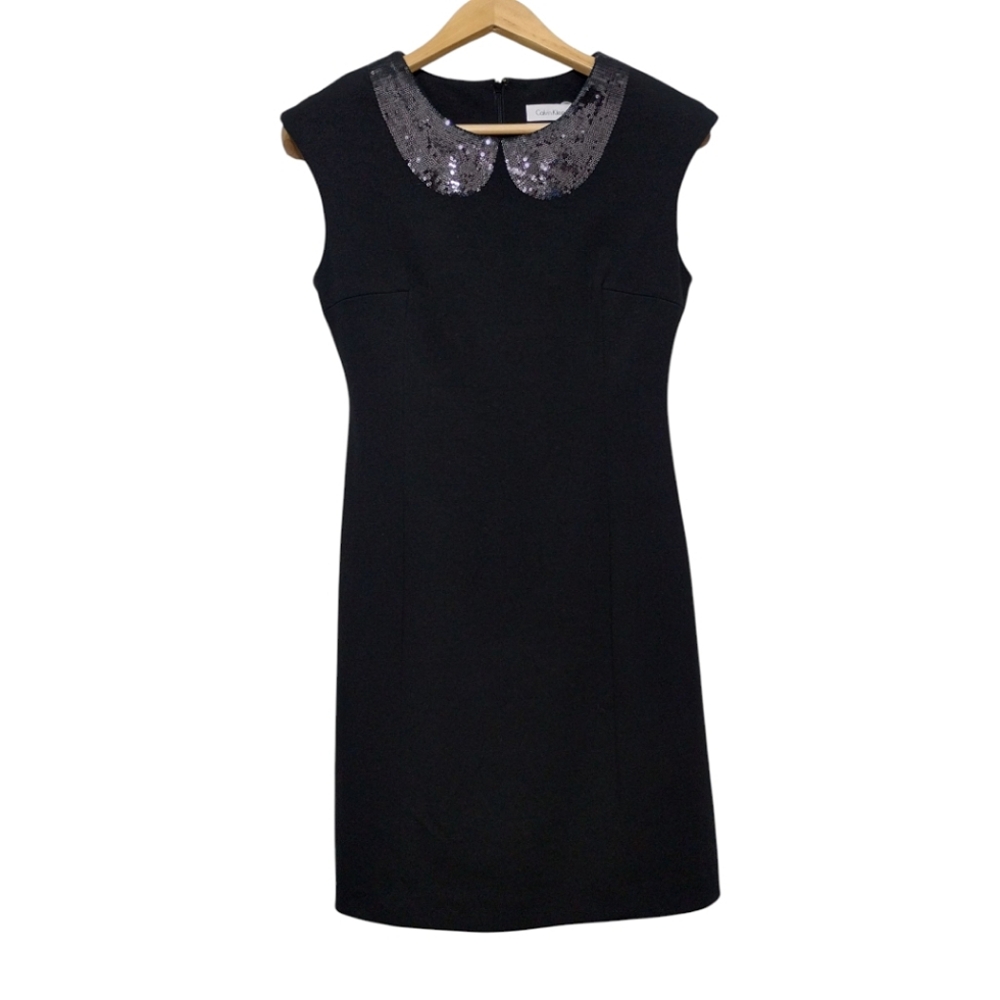 Calvin Klein Black Sequin Peter Pan Collar Look Embellished Dress Womens 4